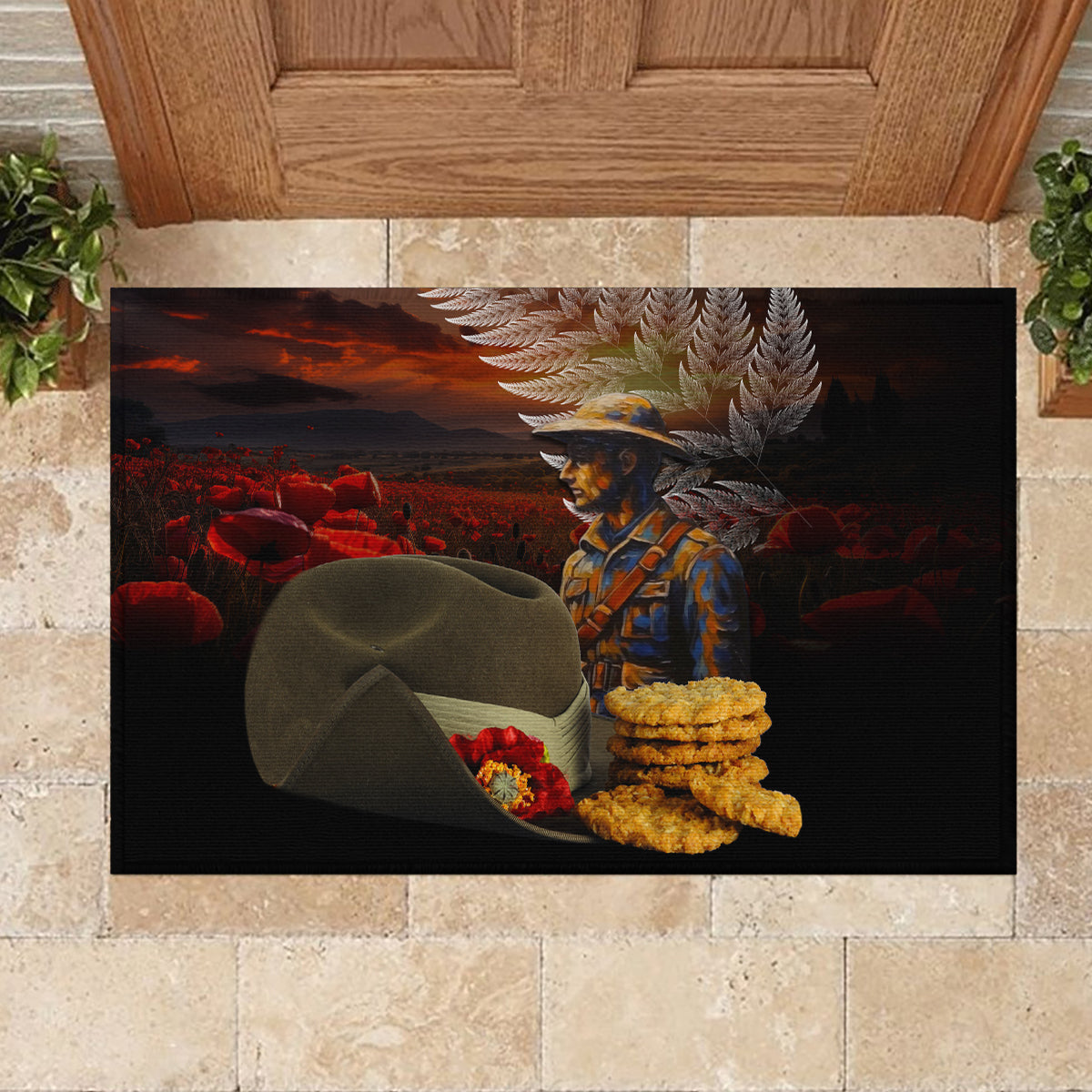 Slouch Hat and Biscuits ANZAC Rubber Doormat with Soldier Silver Fern LT03 - Polynesian Pride