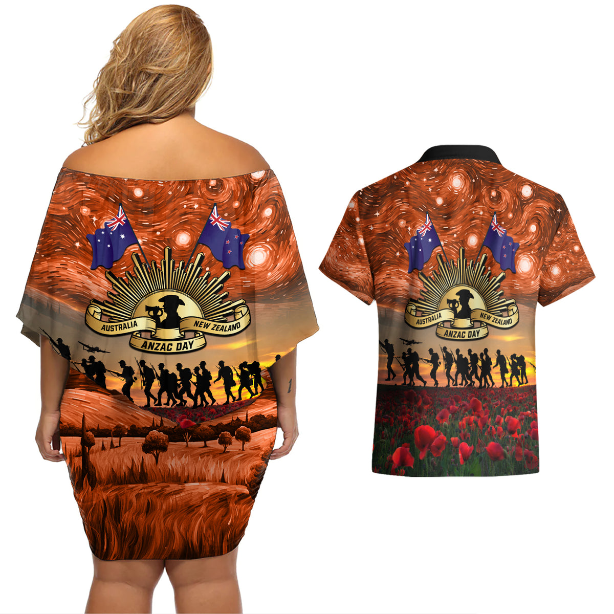 The Rising Sun Badge ANZAC Couples Matching Off Shoulder Short Dress and Hawaiian Shirt Last Post Field of Poppy Starry Night Style LT03 - Polynesian Pride
