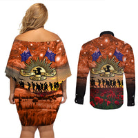 The Rising Sun Badge ANZAC Couples Matching Off Shoulder Short Dress and Long Sleeve Button Shirt Last Post Field of Poppy Starry Night Style LT03 - Polynesian Pride