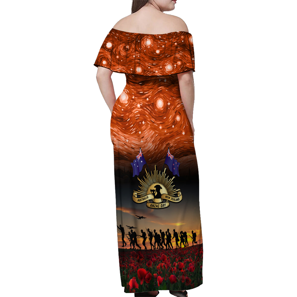 The Rising Sun Badge ANZAC Family Matching Off Shoulder Maxi Dress and Hawaiian Shirt Last Post Field of Poppy Starry Night Style LT03 - Polynesian Pride