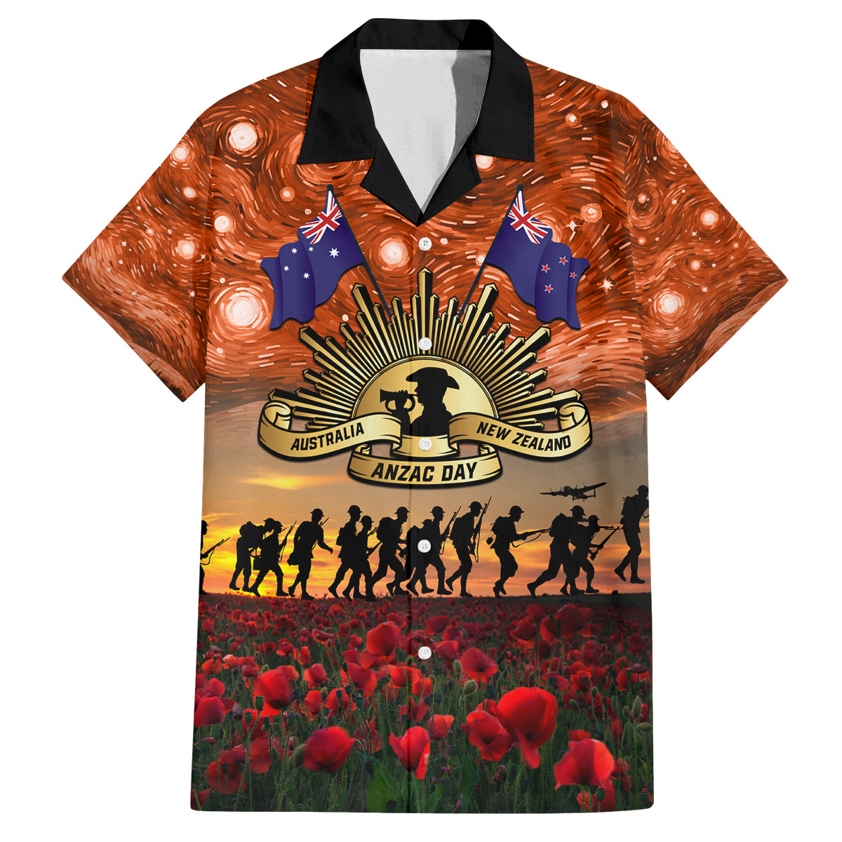 The Rising Sun Badge ANZAC Family Matching Off Shoulder Short Dress and Hawaiian Shirt Last Post Field of Poppy Starry Night Style LT03 Dad's Shirt - Short Sleeve Black - Polynesian Pride