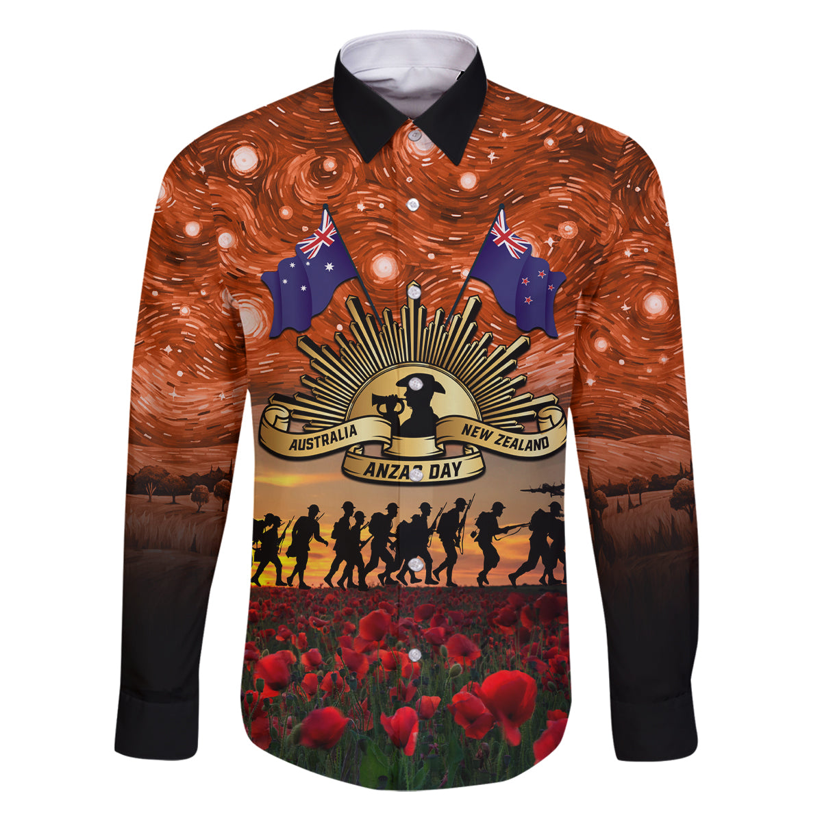 The Rising Sun Badge ANZAC Family Matching Puletasi and Hawaiian Shirt Last Post Field of Poppy Starry Night Style LT03 Dad's Shirt - Long Sleeve Black - Polynesian Pride