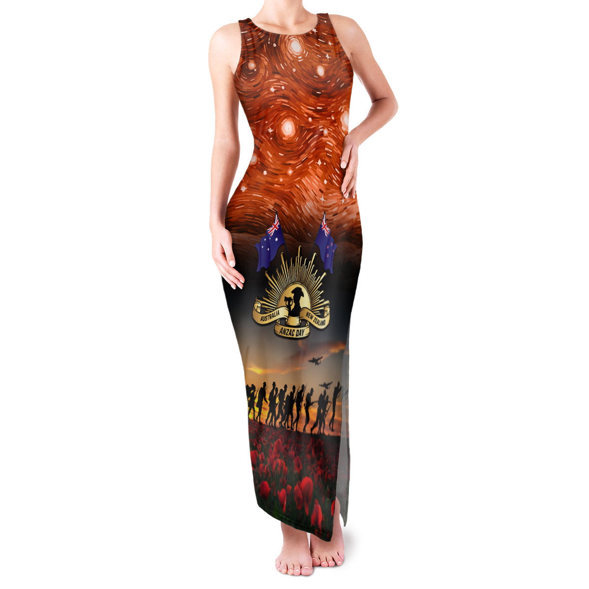 The Rising Sun Badge ANZAC Family Matching Tank Maxi Dress and Hawaiian Shirt Last Post Field of Poppy Starry Night Style LT03 Mom's Dress Black - Polynesian Pride