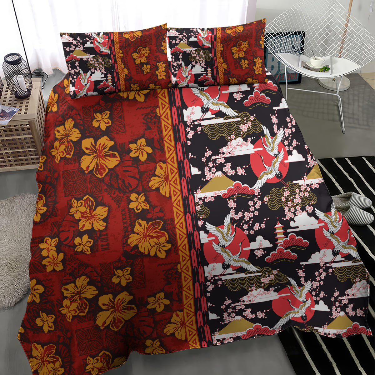 Pan-Pacific Festival Bedding Set Hawaiian Tribal and Japanese Pattern Together Culture