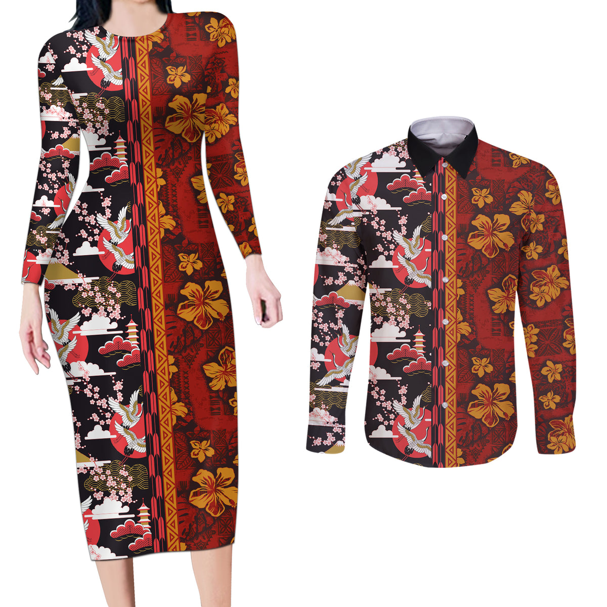 Pan-Pacific Festival Couples Matching Long Sleeve Bodycon Dress and Long Sleeve Button Shirt Hawaiian Tribal and Japanese Pattern Together Culture