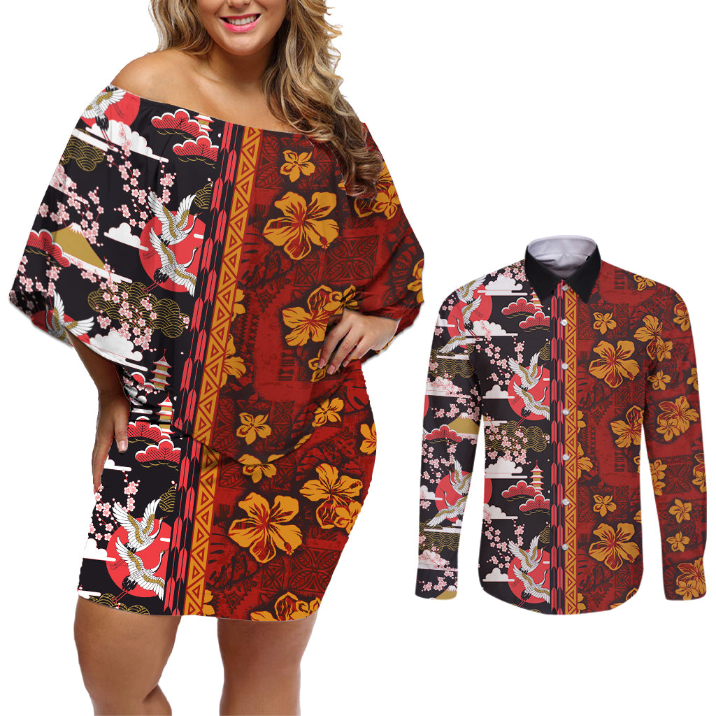 Pan-Pacific Festival Couples Matching Off Shoulder Short Dress and Long Sleeve Button Shirt Hawaiian Tribal and Japanese Pattern Together Culture