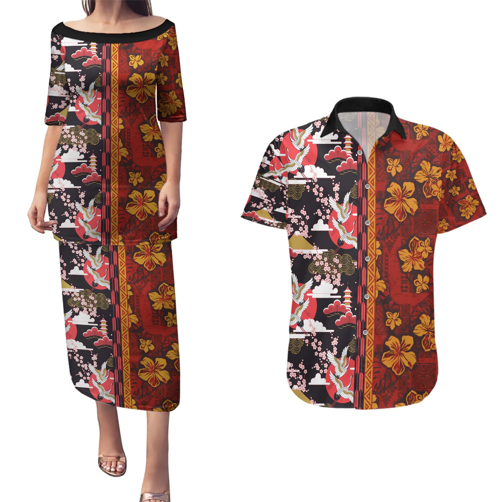 Pan-Pacific Festival Couples Matching Puletasi and Hawaiian Shirt Hawaiian Tribal and Japanese Pattern Together Culture