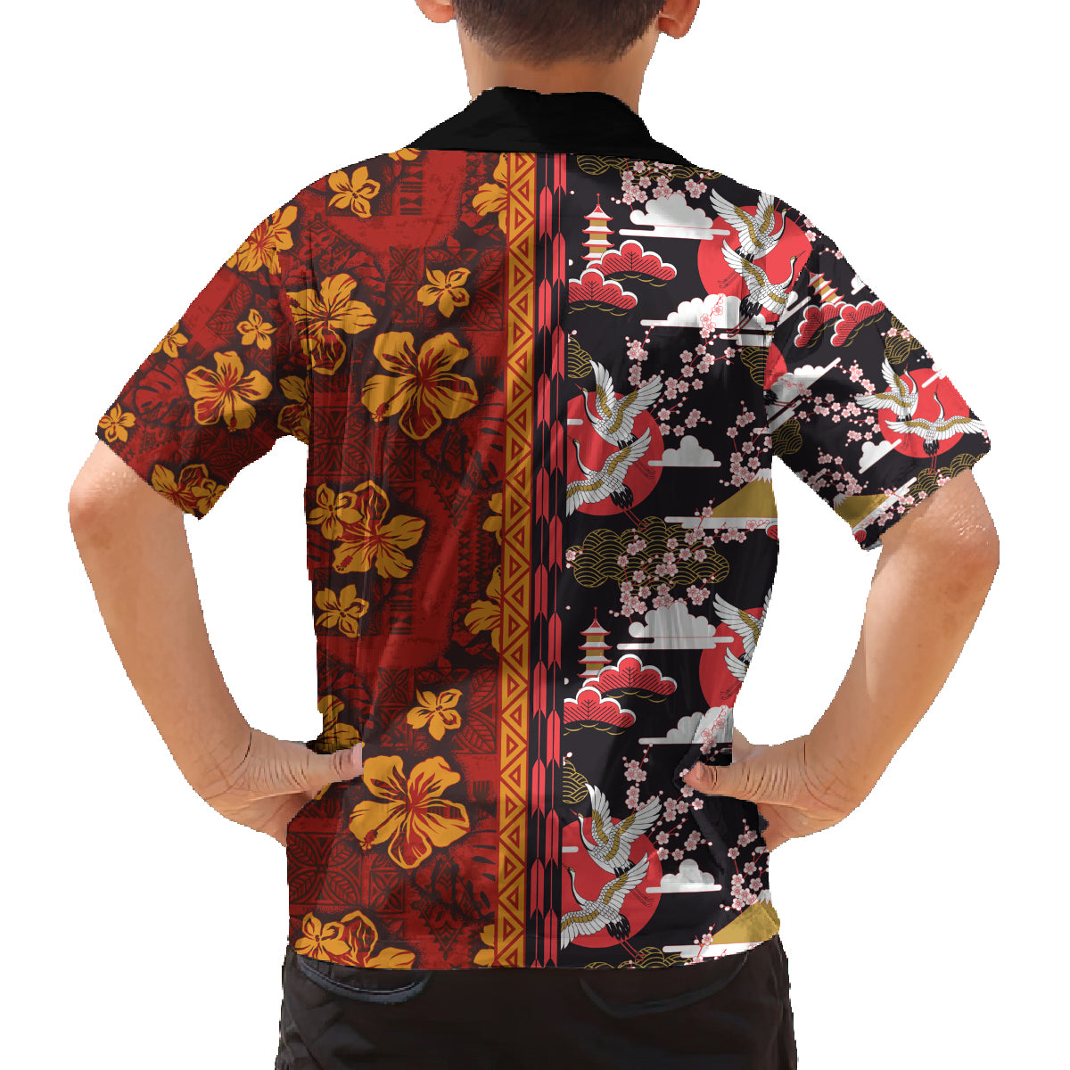 Japanese Culture Hawaii Style Family Matching Off The Shoulder Long Sleeve Dress and Hawaiian Shirt Hawaiian Tribal and Japanese Pattern Together Culture LT03 - Polynesian Pride