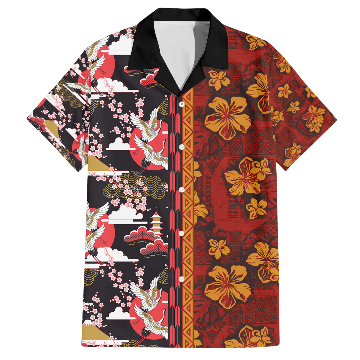 Japanese Culture Hawaii Style Family Matching Off The Shoulder Long Sleeve Dress and Hawaiian Shirt Hawaiian Tribal and Japanese Pattern Together Culture LT03 Dad's Shirt - Short Sleeve Red - Polynesian Pride