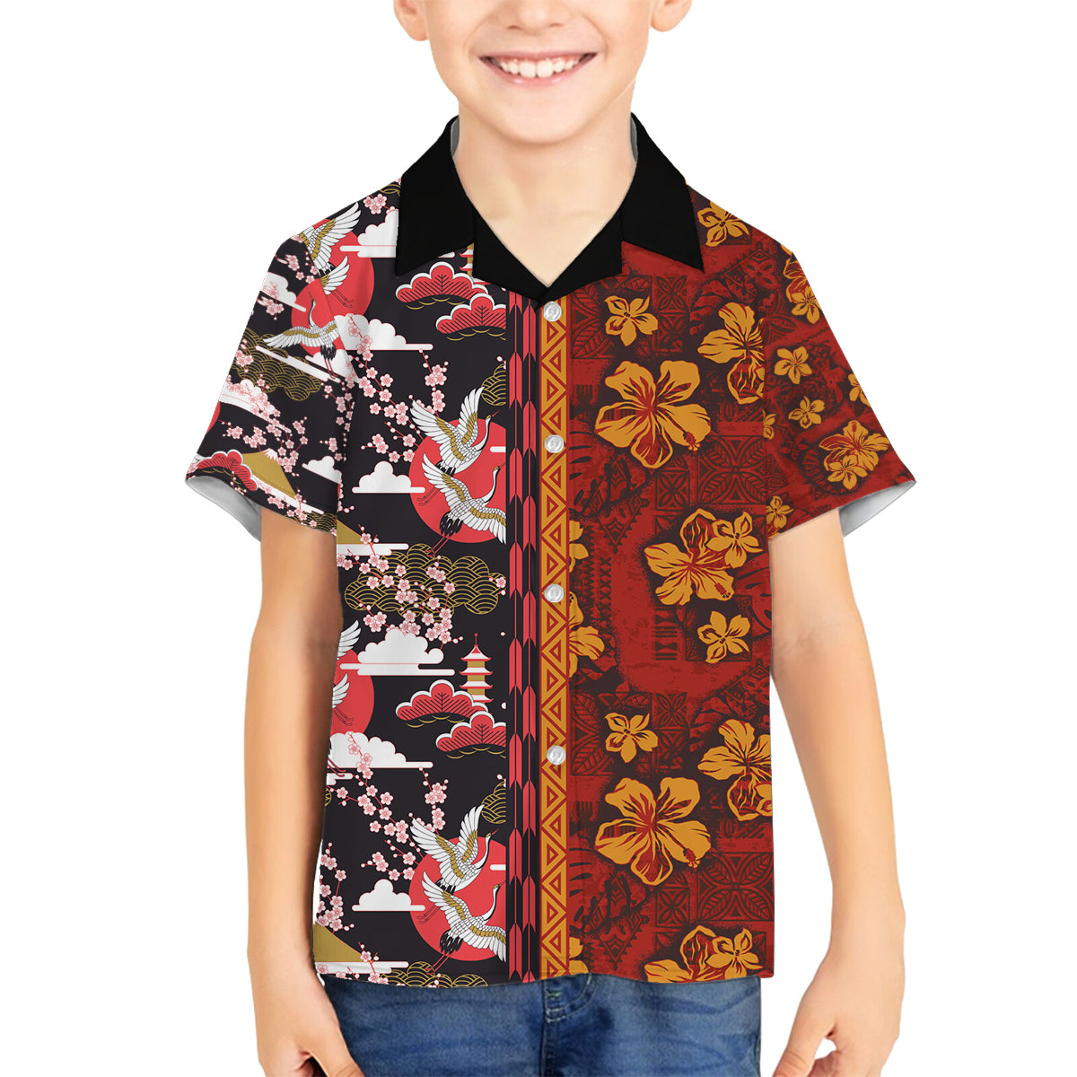 Japanese Culture Hawaii Style Family Matching Off The Shoulder Long Sleeve Dress and Hawaiian Shirt Hawaiian Tribal and Japanese Pattern Together Culture LT03 Son's Shirt Red - Polynesian Pride