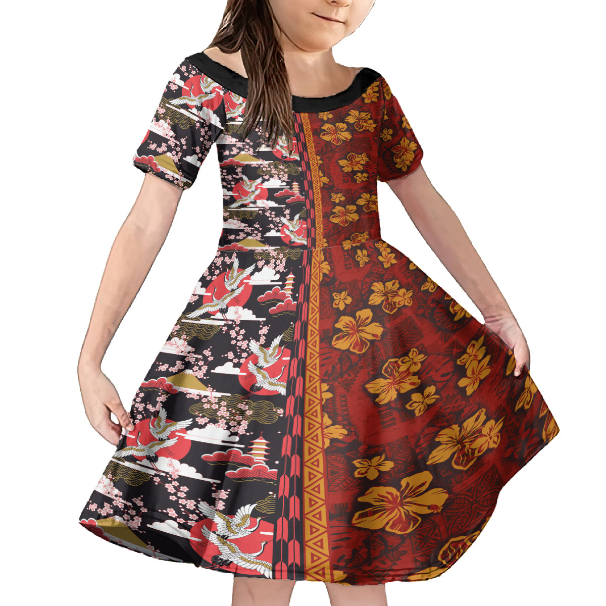 Japanese Culture Hawaii Style Family Matching Off Shoulder Short Dress and Hawaiian Shirt Hawaiian Tribal and Japanese Pattern Together Culture LT03 Daughter's Dress Red - Polynesian Pride