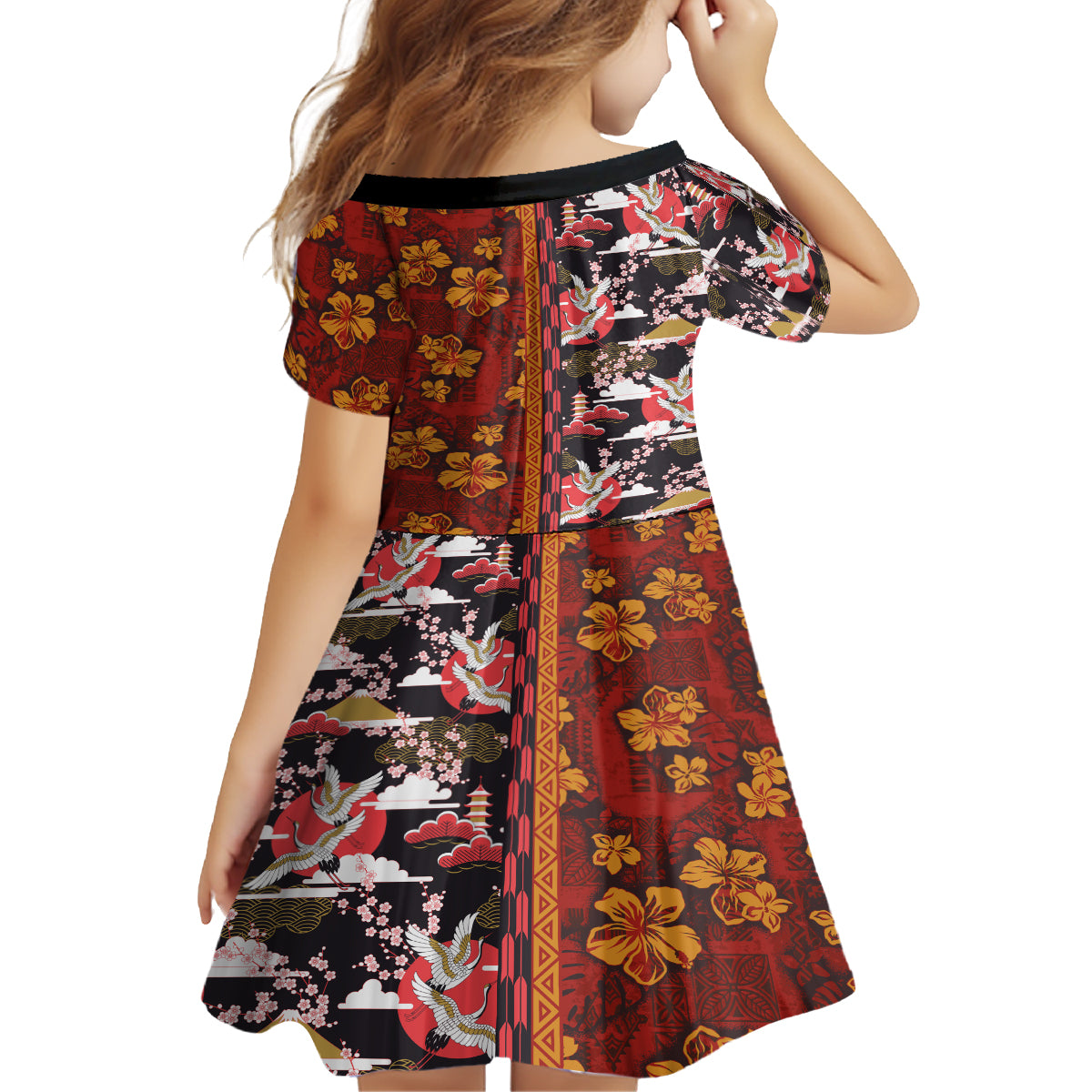 Japanese Culture Hawaii Style Family Matching Off Shoulder Short Dress and Hawaiian Shirt Hawaiian Tribal and Japanese Pattern Together Culture LT03 - Polynesian Pride