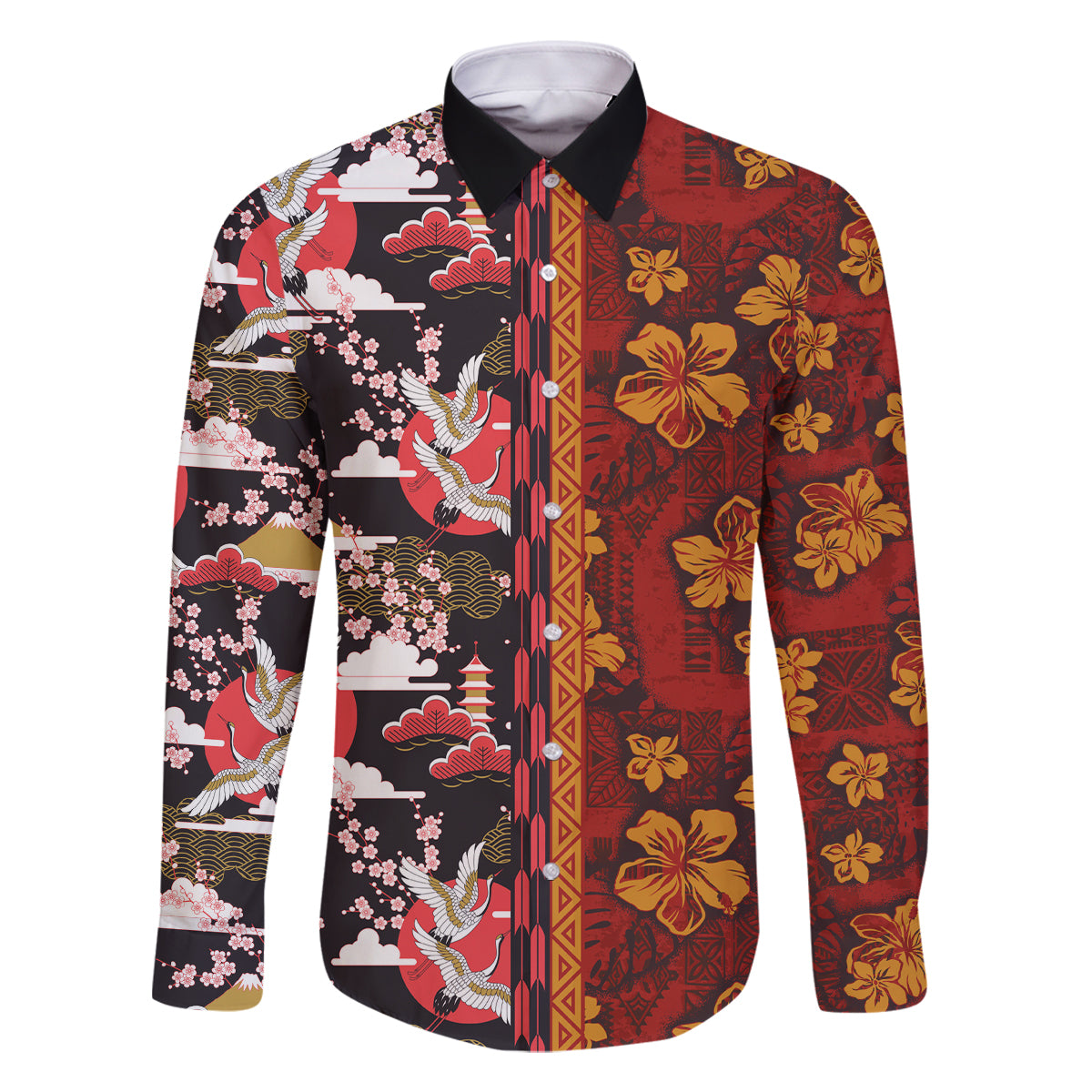 Japanese Culture Hawaii Style Family Matching Off Shoulder Short Dress and Hawaiian Shirt Hawaiian Tribal and Japanese Pattern Together Culture LT03 Dad's Shirt - Long Sleeve Red - Polynesian Pride