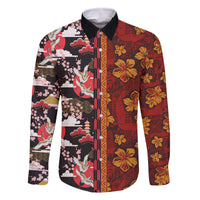 Japanese Culture Hawaii Style Family Matching Off Shoulder Short Dress and Hawaiian Shirt Hawaiian Tribal and Japanese Pattern Together Culture LT03 Dad's Shirt - Long Sleeve Red - Polynesian Pride