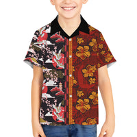 Japanese Culture Hawaii Style Family Matching Off Shoulder Short Dress and Hawaiian Shirt Hawaiian Tribal and Japanese Pattern Together Culture LT03 Son's Shirt Red - Polynesian Pride