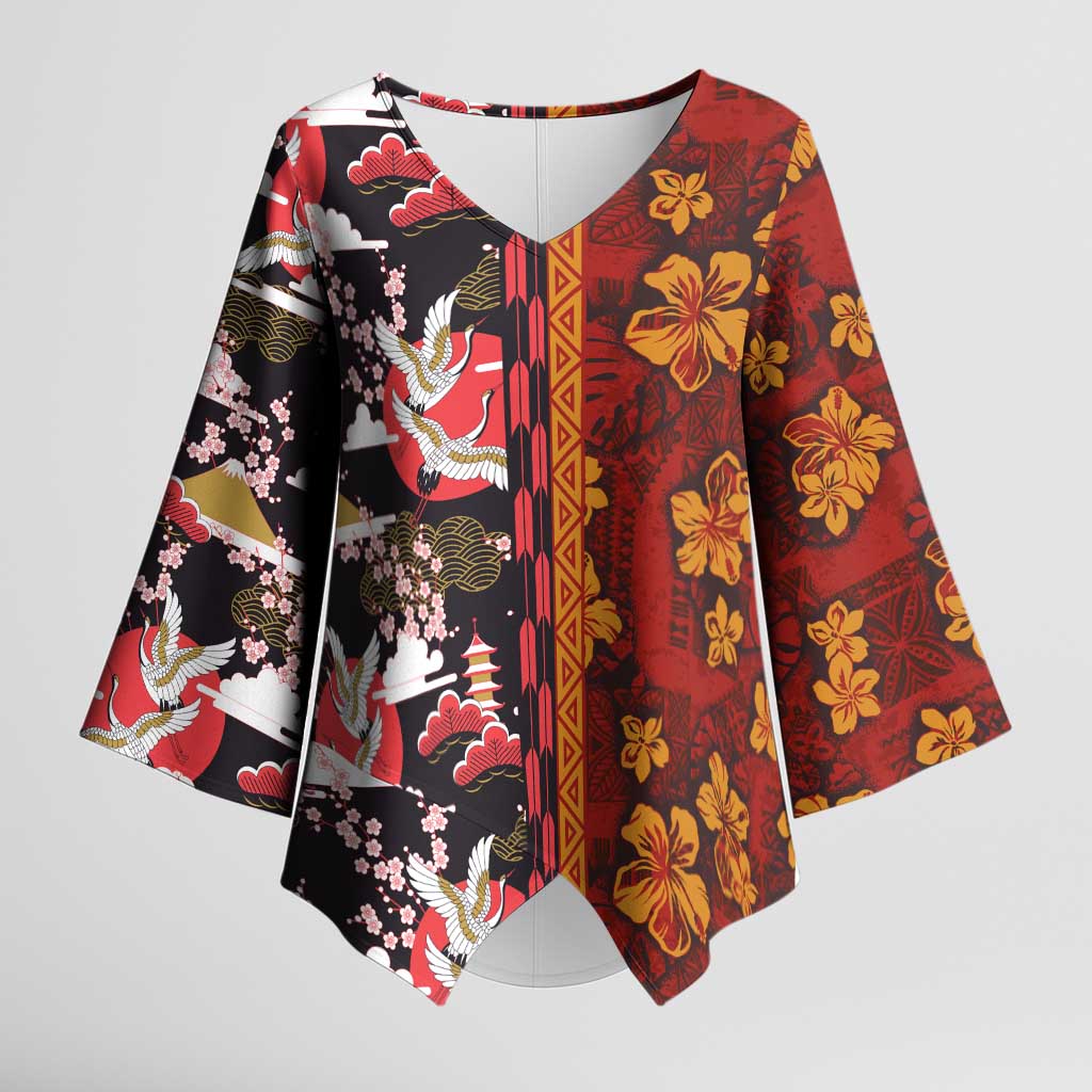 Japanese Culture Hawaii Style Kimono Sleeve Blouse Hawaiian Tribal and Japanese Pattern Together Culture - Polynesian Pride