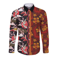 Pan-Pacific Festival Long Sleeve Button Shirt Hawaiian Tribal and Japanese Pattern Together Culture