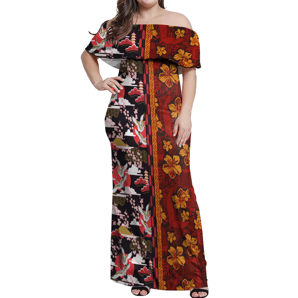 Pan-Pacific Festival Off Shoulder Maxi Dress Hawaiian Tribal and Japanese Pattern Together Culture