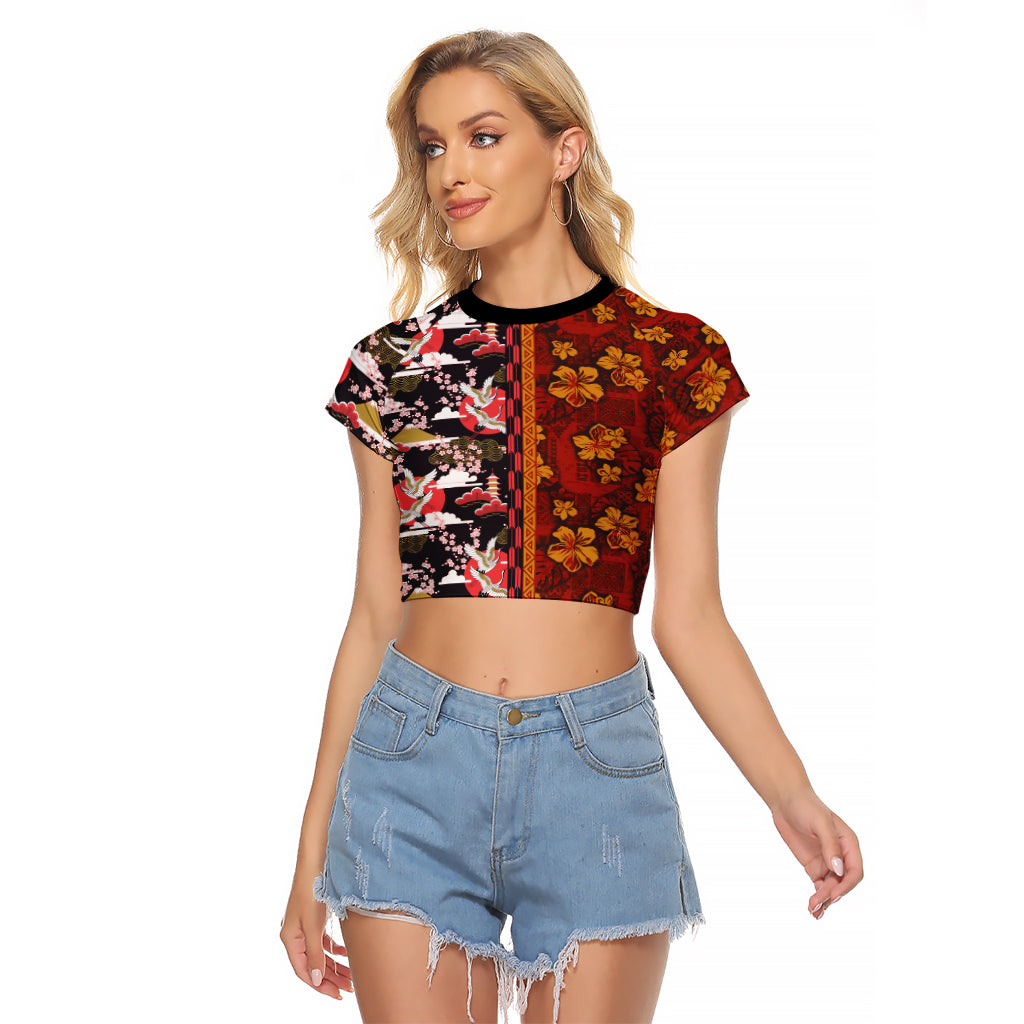 Pan-Pacific Festival Raglan Cropped T Shirt Hawaiian Tribal and Japanese Pattern Together Culture
