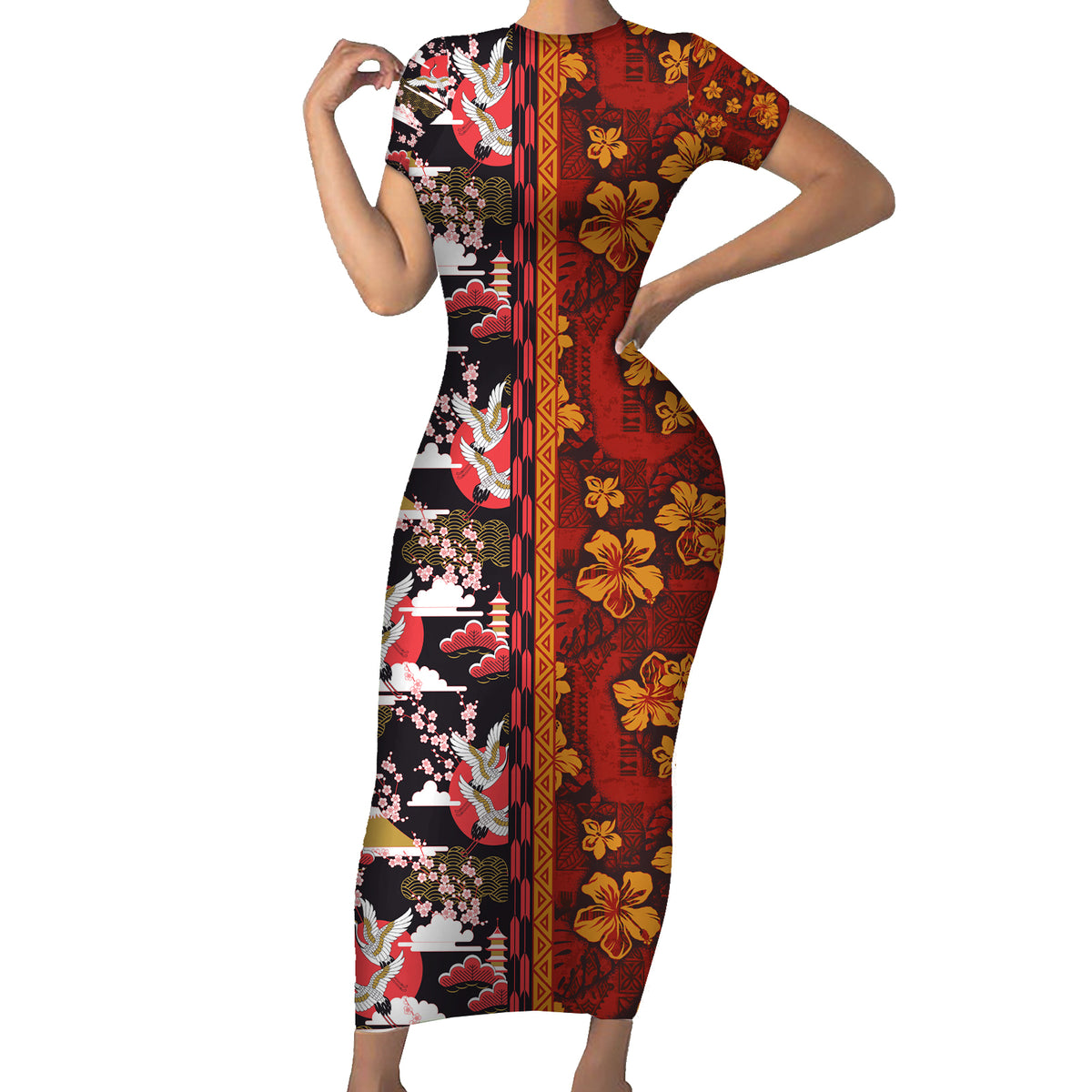 Japanese Culture Hawaii Style Short Sleeve Bodycon Dress Hawaiian Trib