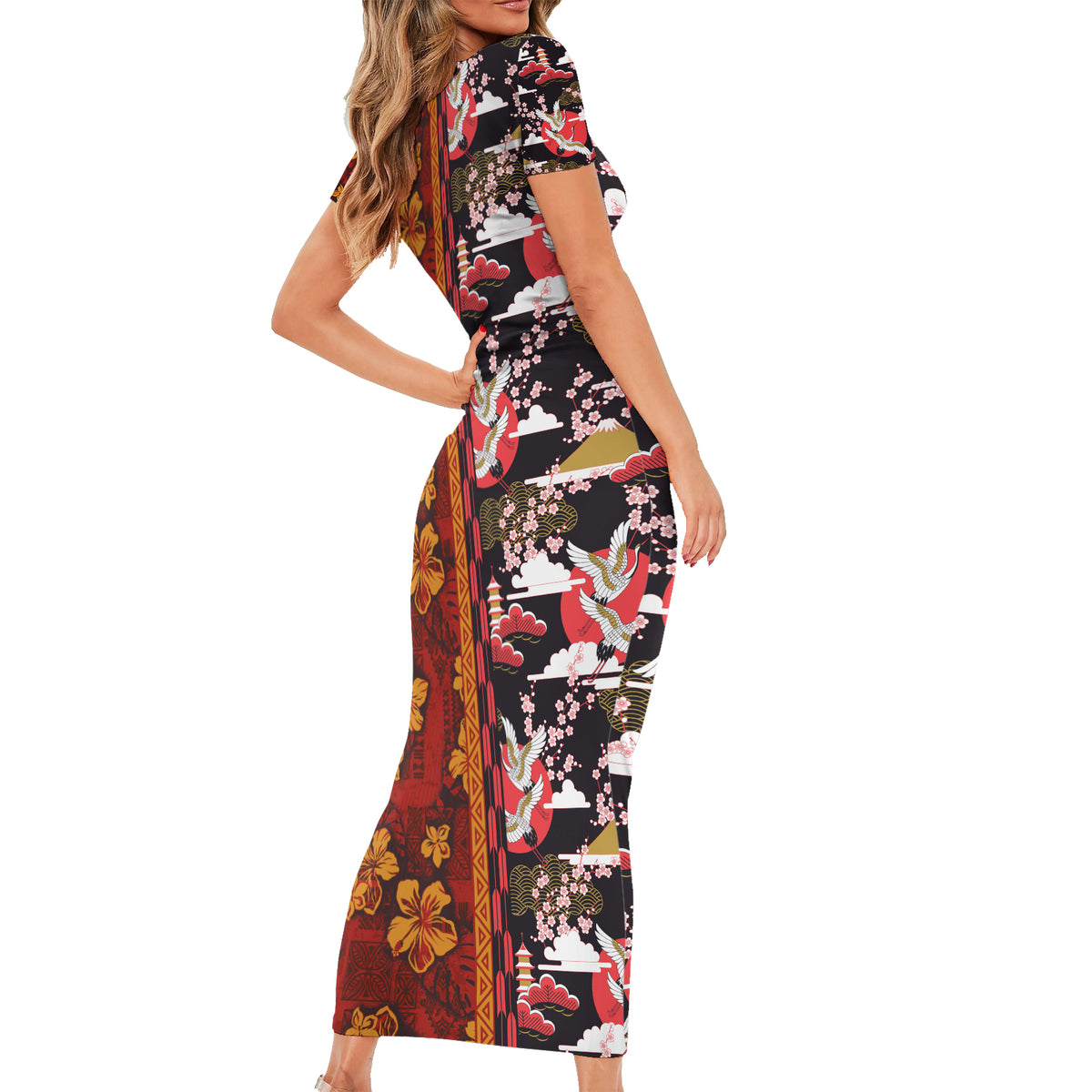 Japanese Culture Hawaii Style Short Sleeve Bodycon Dress Hawaiian Trib