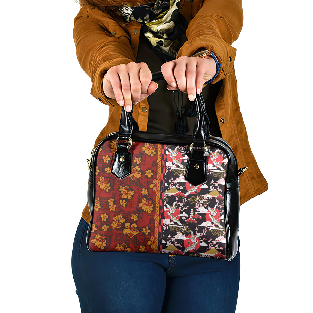 Japanese Culture Hawaii Style Shoulder Handbag Hawaiian Tribal and Japanese Pattern Together Culture LT03 One Size Red - Polynesian Pride