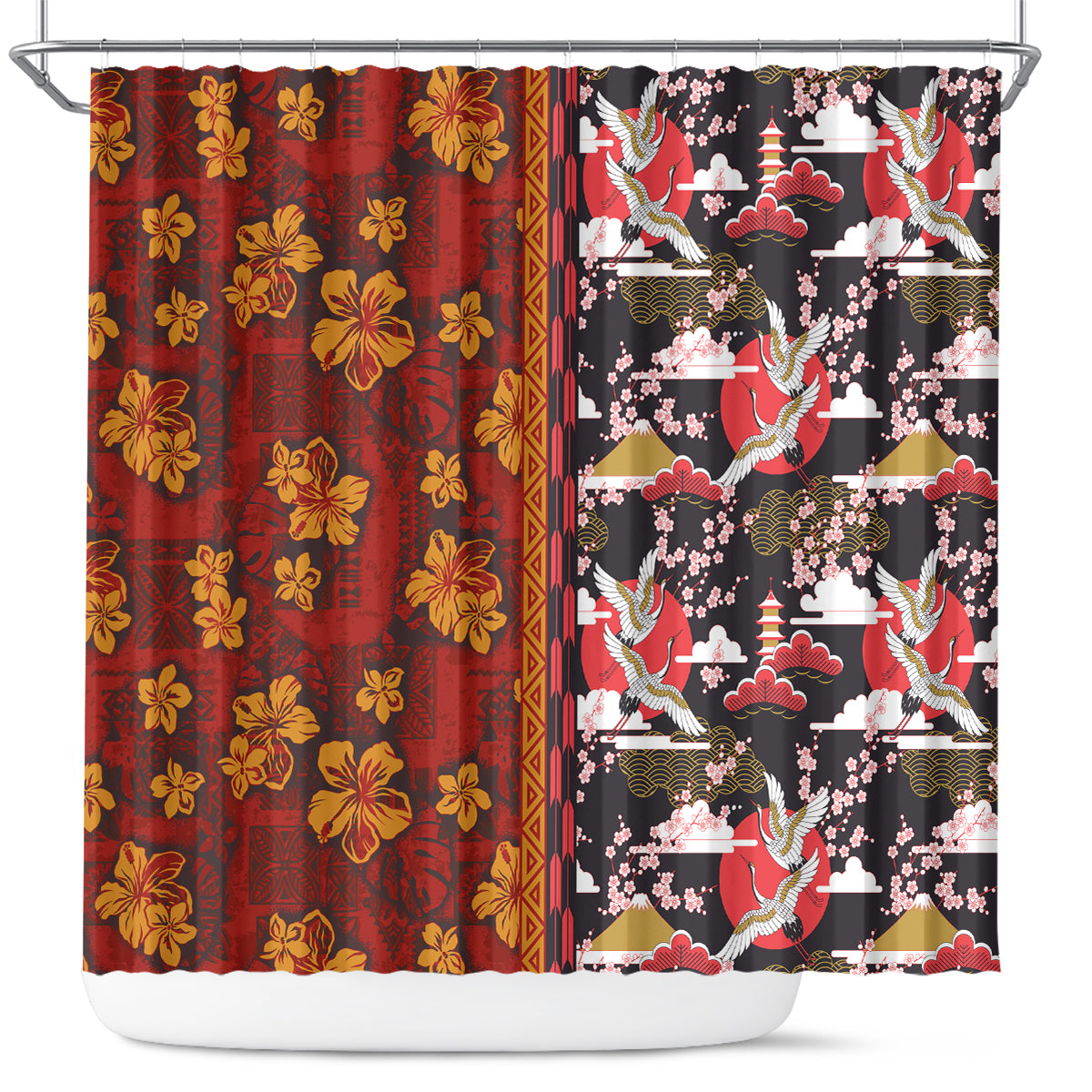 Japanese Culture Hawaii Style Shower Curtain Hawaiian Tribal and Japanese Pattern Together Culture LT03 Red - Polynesian Pride