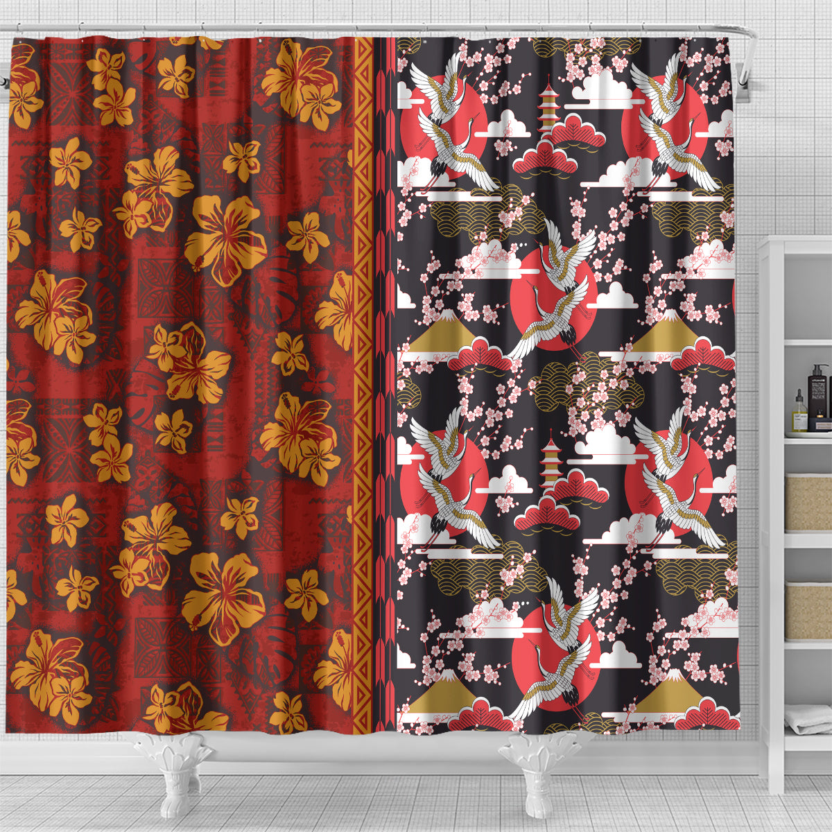 Pan-Pacific Festival Shower Curtain Hawaiian Tribal and Japanese Pattern Together Culture