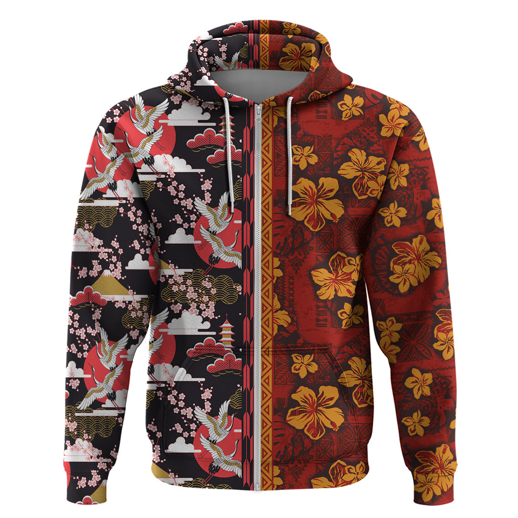 Pan-Pacific Festival Zip Hoodie Hawaiian Tribal and Japanese Pattern Together Culture