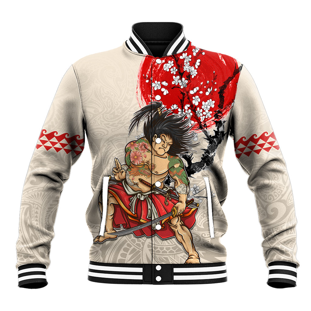 Personalised Pan-Pacific Festival Baseball Jacket Japanese Samurai with Hawaiian Pattern