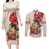 Personalised Pan-Pacific Festival Couples Matching Long Sleeve Bodycon Dress and Long Sleeve Button Shirt Japanese Samurai with Hawaiian Pattern