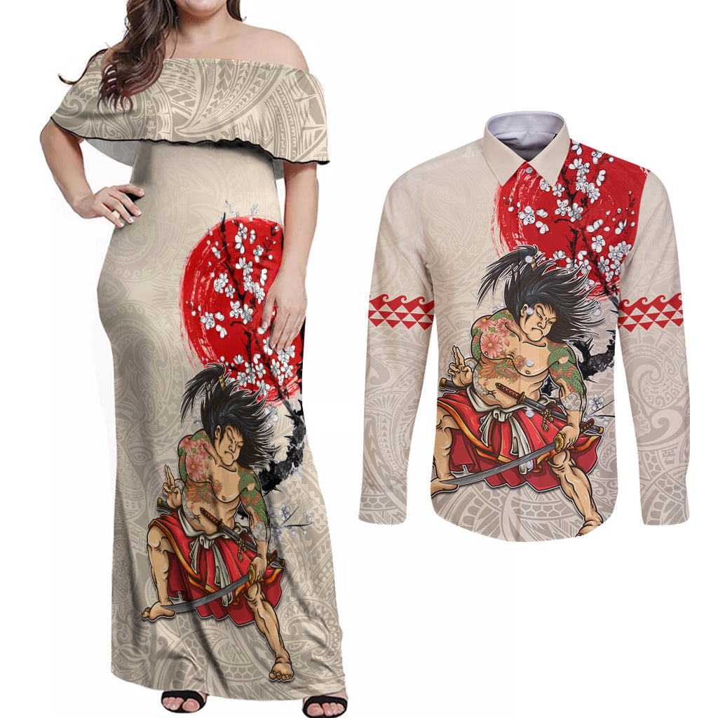 Personalised Japanese Culture Hawaii Style Couples Matching Off Shoulder Maxi Dress and Long Sleeve Button Shirt Japanese Samurai with Hawaiian Pattern LT03 Beige - Polynesian Pride
