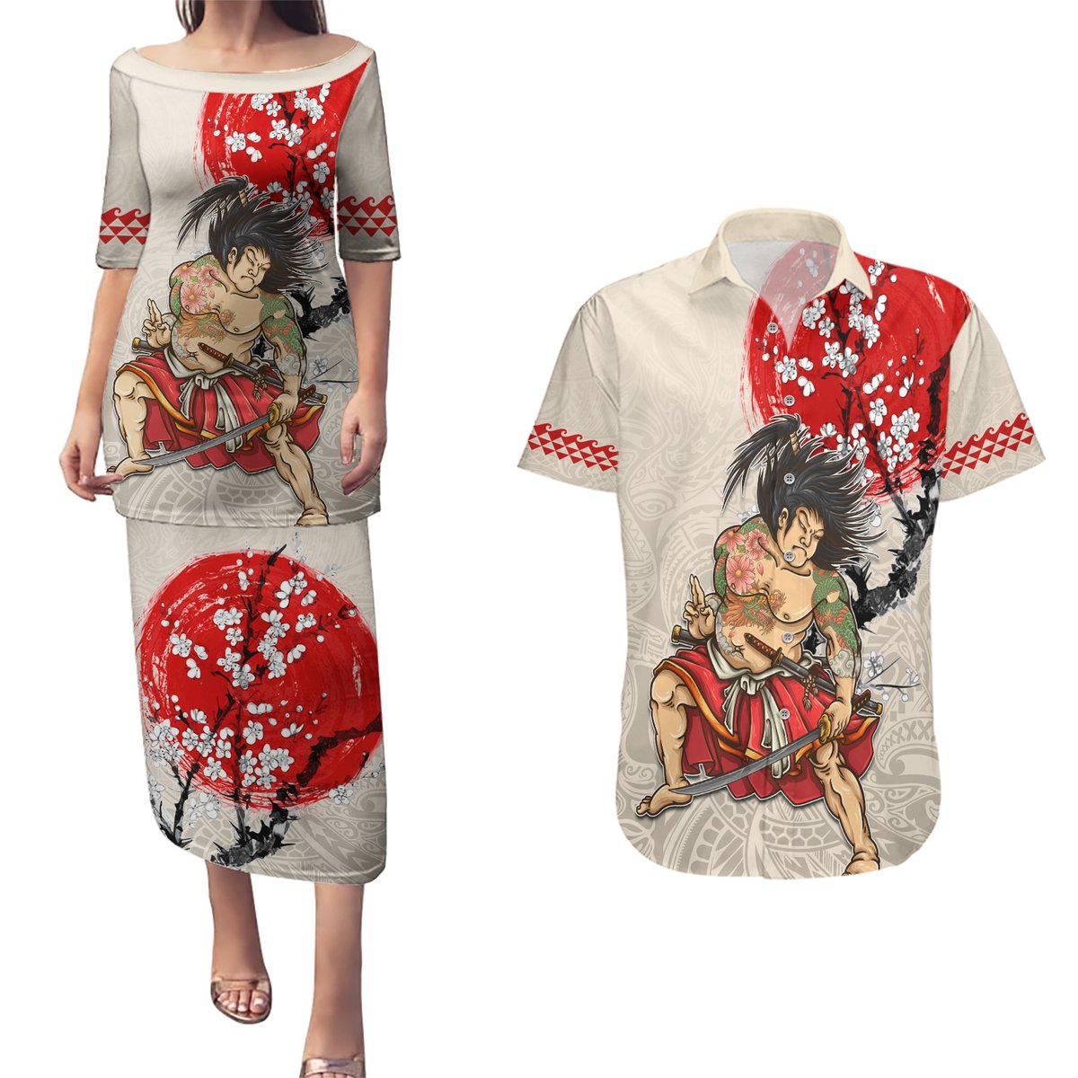 Personalised Japanese Culture Hawaii Style Couples Matching Puletasi and Hawaiian Shirt Japanese Samurai with Hawaiian Pattern LT03 Beige - Polynesian Pride