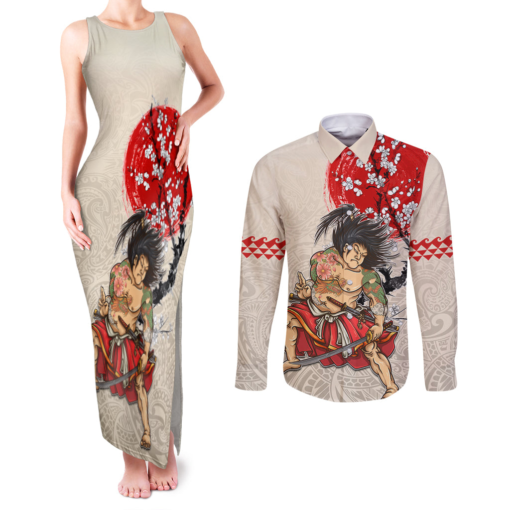 Personalised Japanese Culture Hawaii Style Couples Matching Tank Maxi Dress and Long Sleeve Button Shirt Japanese Samurai with Hawaiian Pattern LT03 Beige - Polynesian Pride