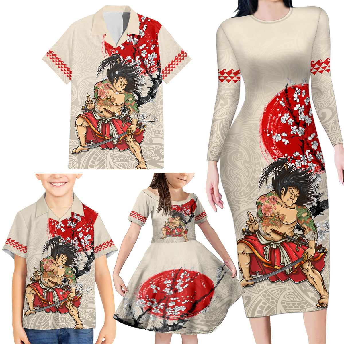 Personalised Japanese Culture Hawaii Style Family Matching Long Sleeve Bodycon Dress and Hawaiian Shirt Japanese Samurai with Hawaiian Pattern LT03 - Polynesian Pride
