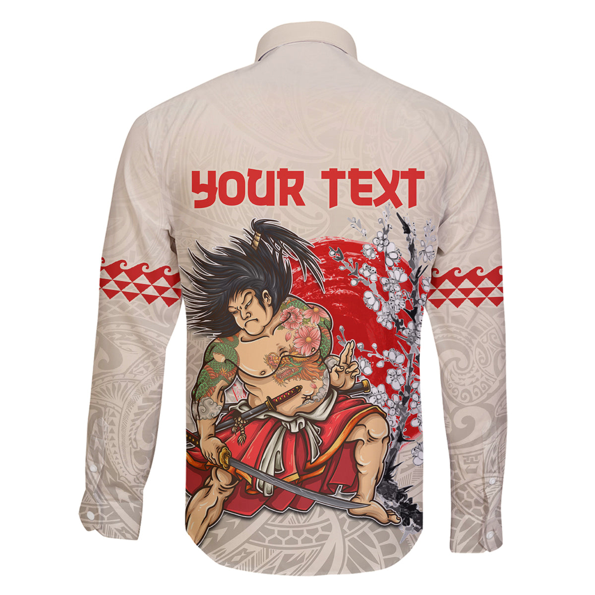 Personalised Japanese Culture Hawaii Style Family Matching Off The Shoulder Long Sleeve Dress and Hawaiian Shirt Japanese Samurai with Hawaiian Pattern LT03 - Polynesian Pride