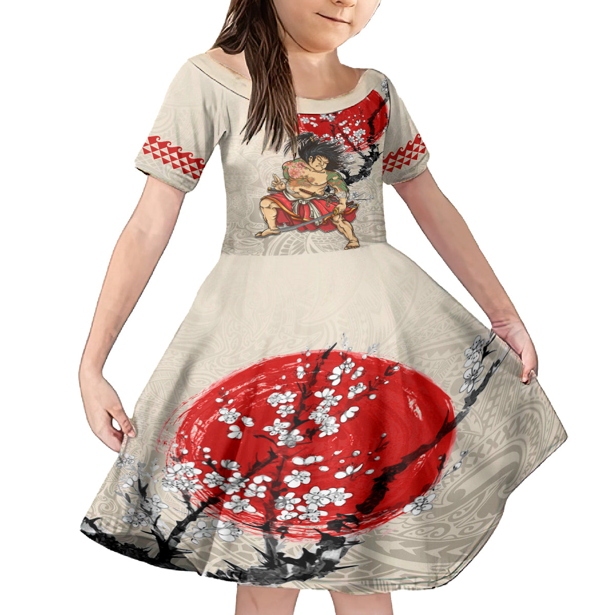 Personalised Japanese Culture Hawaii Style Family Matching Off Shoulder Short Dress and Hawaiian Shirt Japanese Samurai with Hawaiian Pattern LT03 Daughter's Dress Beige - Polynesian Pride