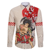 Personalised Japanese Culture Hawaii Style Family Matching Off Shoulder Short Dress and Hawaiian Shirt Japanese Samurai with Hawaiian Pattern LT03 Dad's Shirt - Long Sleeve Beige - Polynesian Pride