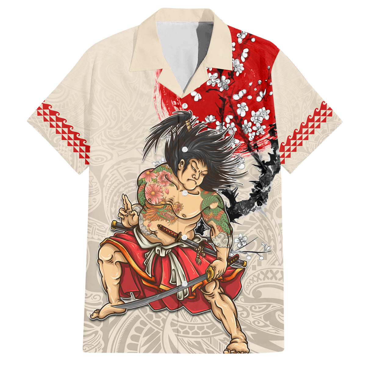 Personalised Japanese Culture Hawaii Style Family Matching Short Sleeve Bodycon Dress and Hawaiian Shirt Japanese Samurai with Hawaiian Pattern LT03 Dad's Shirt - Short Sleeve Beige - Polynesian Pride