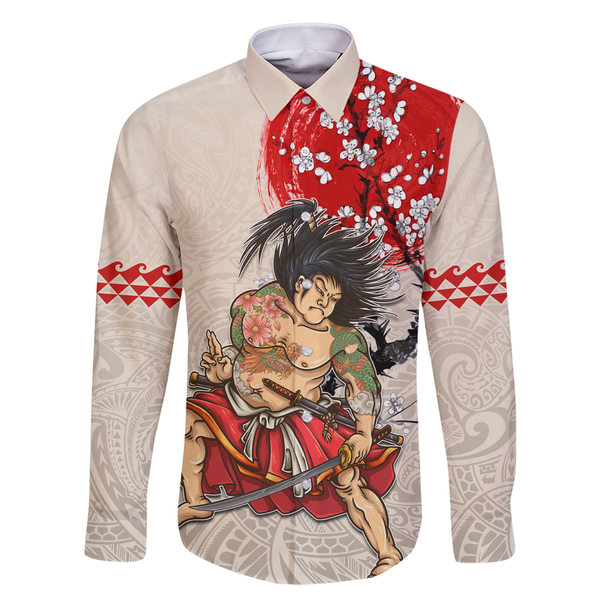 Personalised Japanese Culture Hawaii Style Family Matching Short Sleeve Bodycon Dress and Hawaiian Shirt Japanese Samurai with Hawaiian Pattern LT03 Dad's Shirt - Long Sleeve Beige - Polynesian Pride