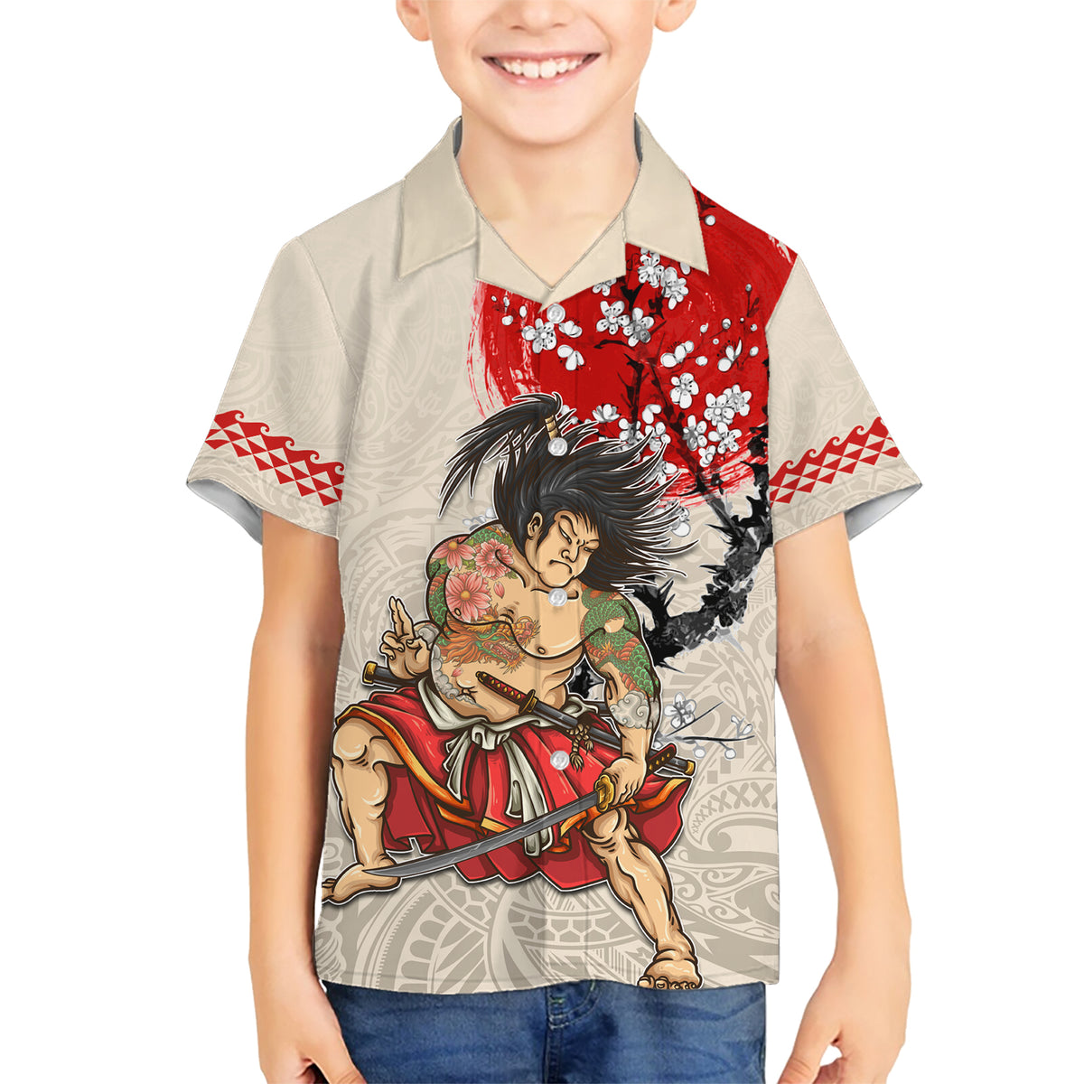 Personalised Japanese Culture Hawaii Style Family Matching Short Sleeve Bodycon Dress and Hawaiian Shirt Japanese Samurai with Hawaiian Pattern LT03 Son's Shirt Beige - Polynesian Pride