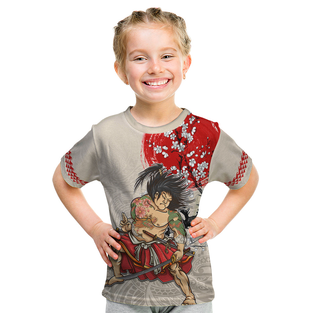 Personalised Japanese Culture Hawaii Style Kid T Shirt Japanese Samurai with Hawaiian Pattern LT03 Beige - Polynesian Pride