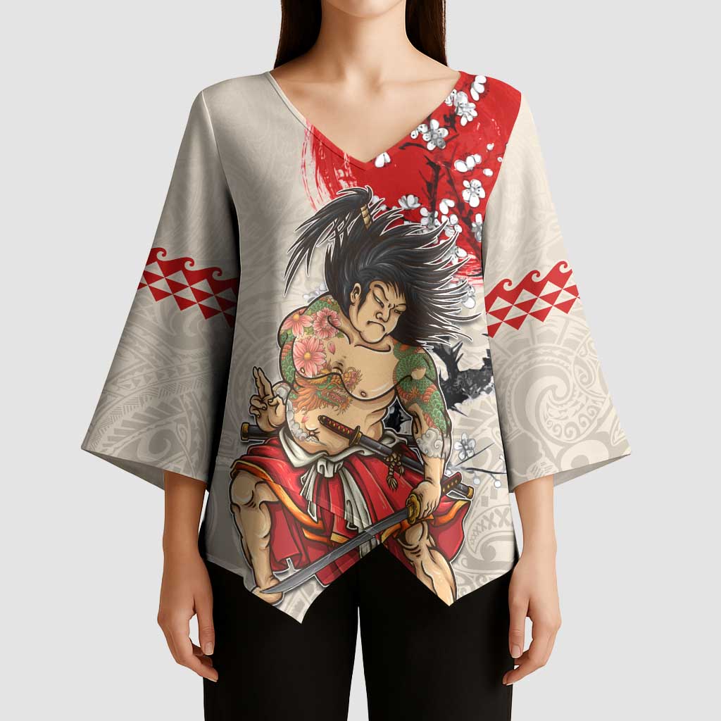 Personalised Japanese Culture Hawaii Style Kimono Sleeve Blouse Japanese Samurai with Hawaiian Pattern - Polynesian Pride
