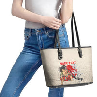 Personalised Japanese Culture Hawaii Style Leather Tote Bag Japanese Samurai with Hawaiian Pattern LT03 - Polynesian Pride