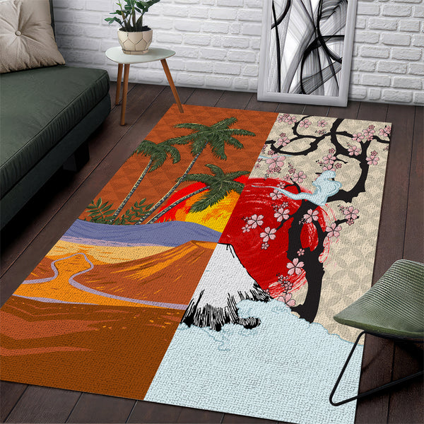 Japanese Culture Hawaii Style Area Rug Mauna Kea and Fuji