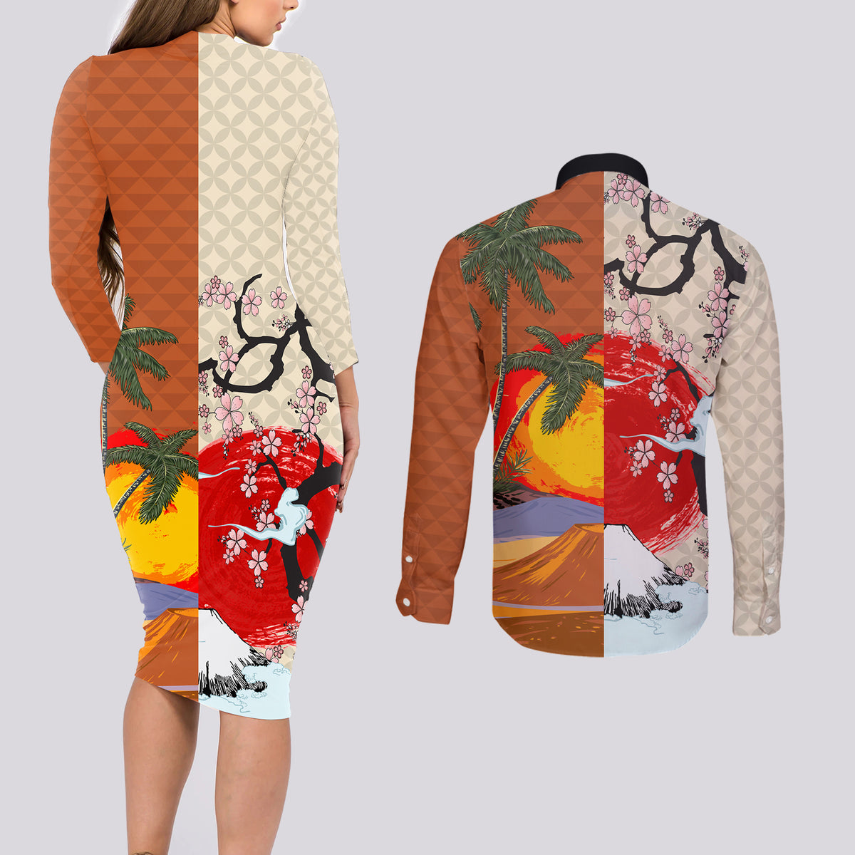Pan-Pacific Festival Couples Matching Long Sleeve Bodycon Dress and Long Sleeve Button Shirt Mauna Kea and Fuji Mountains