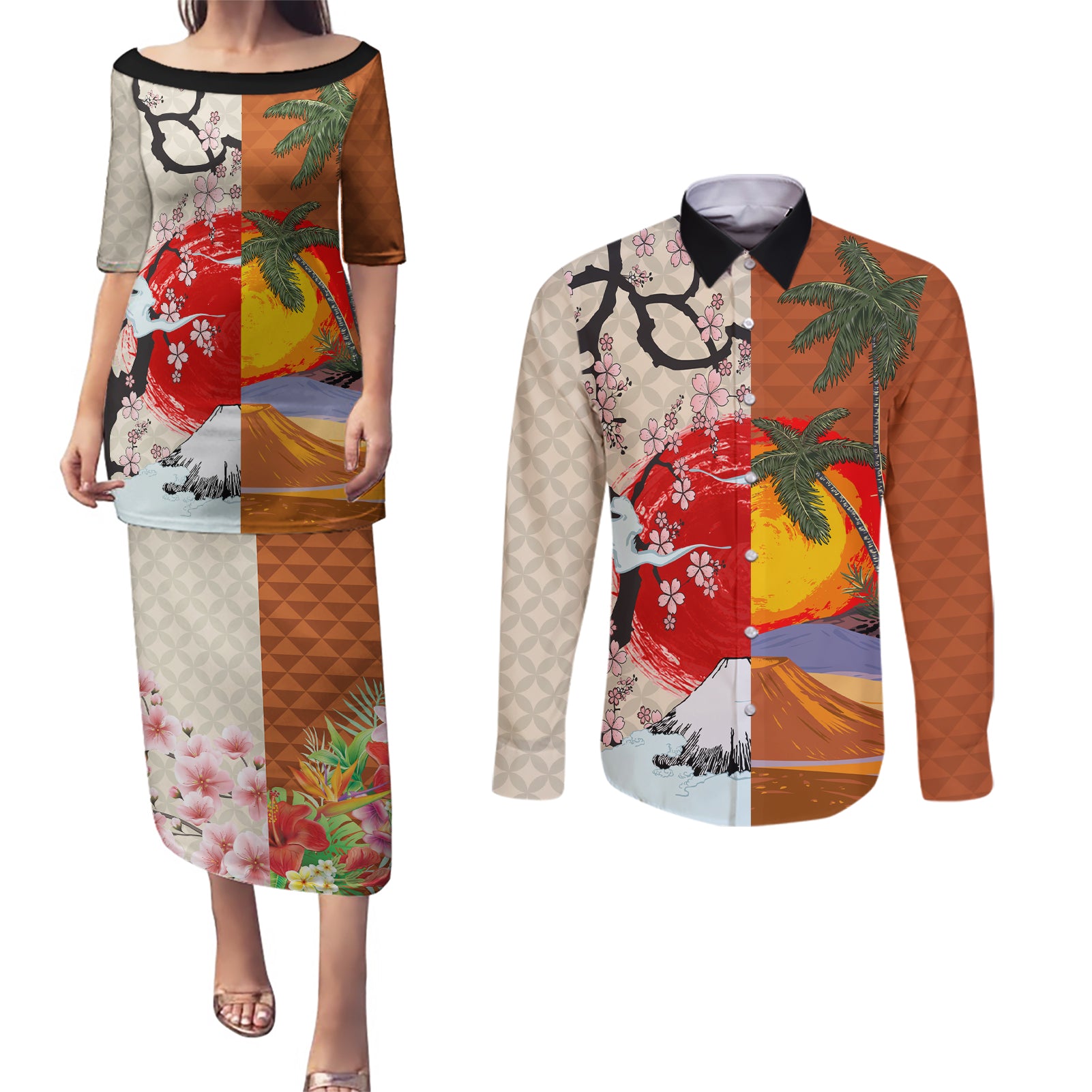 Pan-Pacific Festival Couples Matching Puletasi and Long Sleeve Button Shirt Mauna Kea and Fuji Mountains