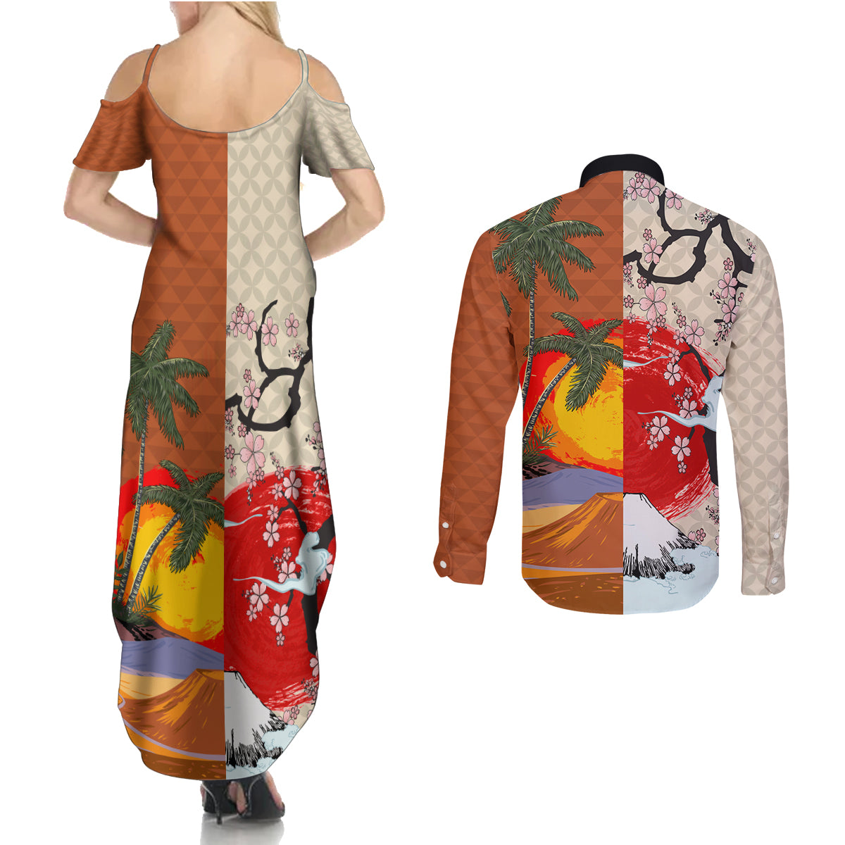 Pan-Pacific Festival Couples Matching Summer Maxi Dress and Long Sleeve Button Shirt Mauna Kea and Fuji Mountains
