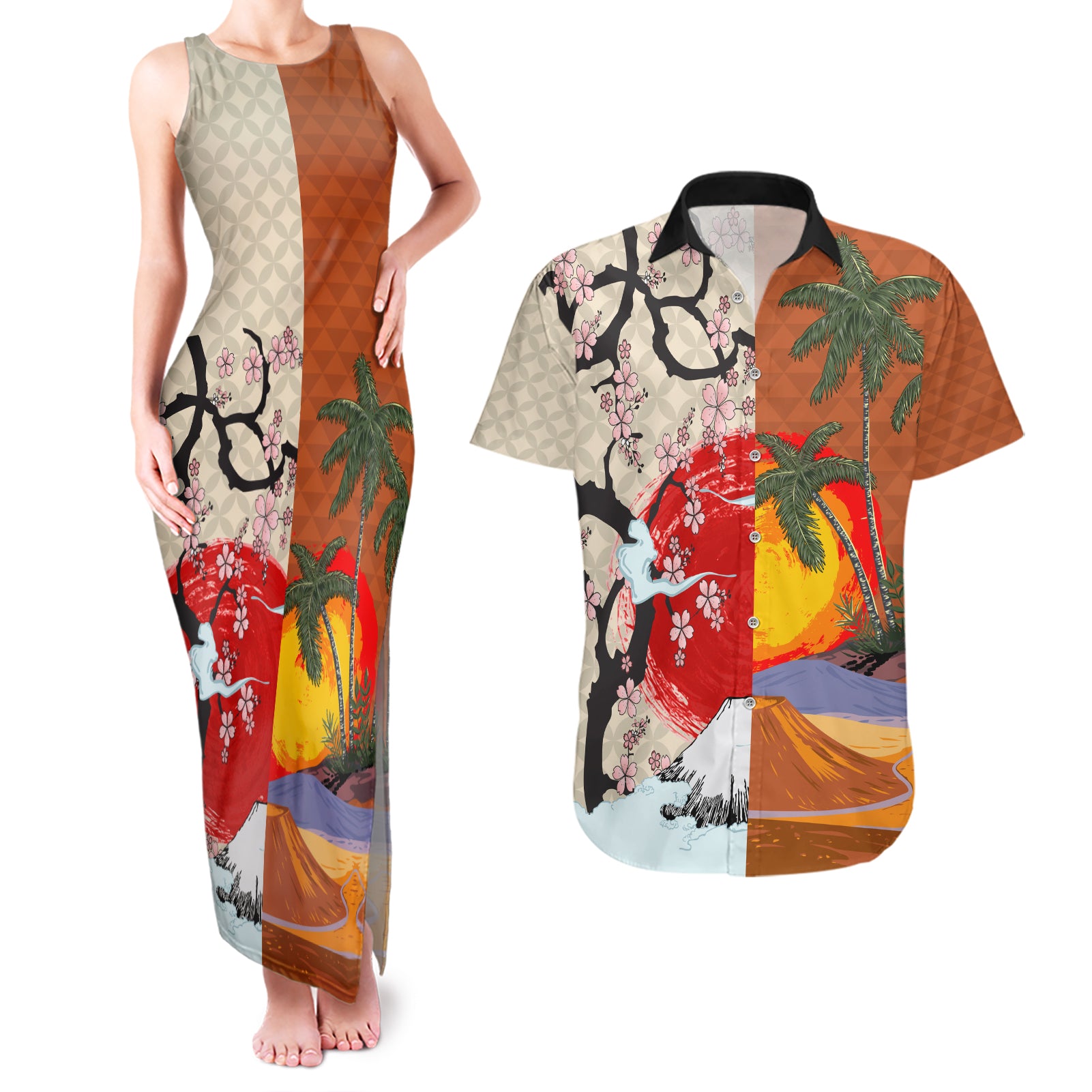 Pan-Pacific Festival Couples Matching Tank Maxi Dress and Hawaiian Shirt Mauna Kea and Fuji Mountains