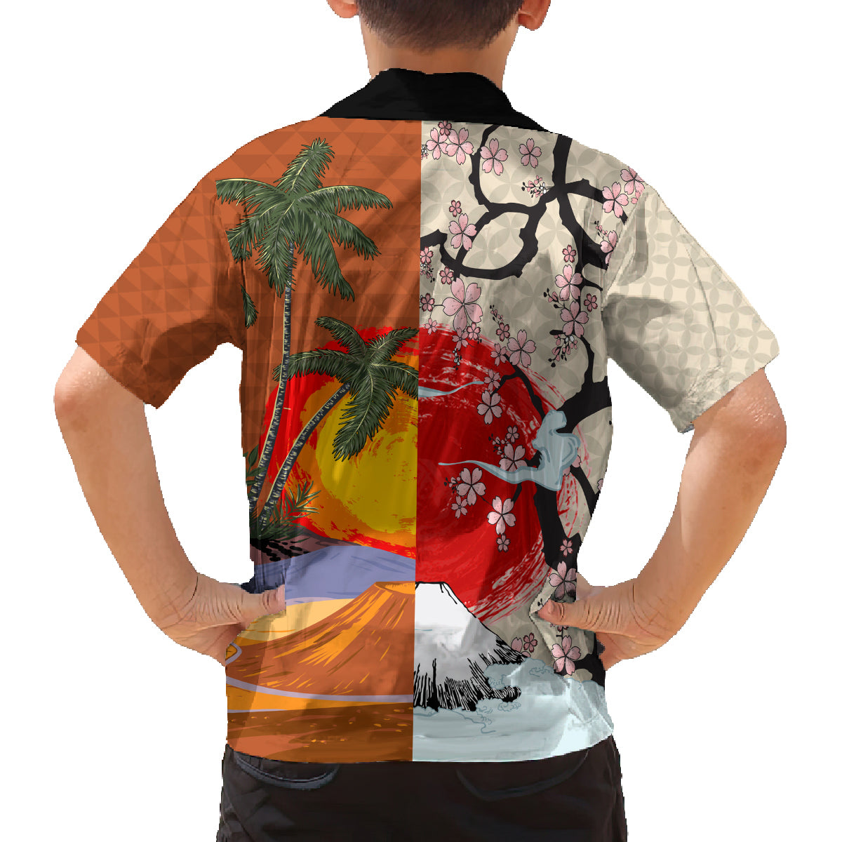 Japanese Culture Hawaii Style Family Matching Off The Shoulder Long Sleeve Dress and Hawaiian Shirt Mauna Kea and Fuji Mountains LT03 - Polynesian Pride